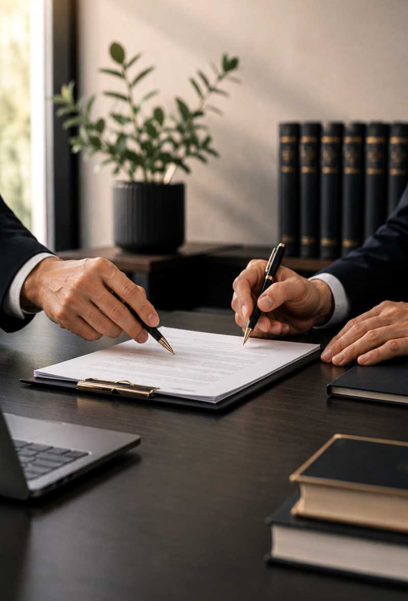 Atención personalizada Villegas Abogados Dos personas revisan y firman un documento en una oficina.